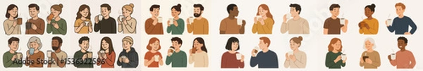 Fototapeta Vector Set People enjoying coffee or hot beverage
