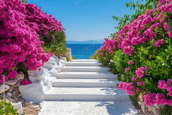 Fototapeta Greek architecture with white steps and pink flower beds. Magnificent sea view. Summer holidays in Greece. Created by artificial intelligence