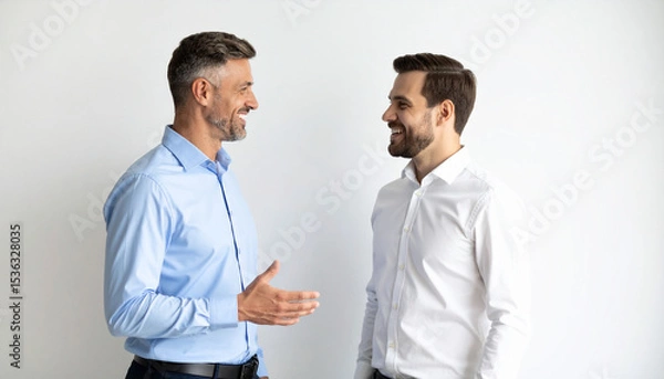 Fototapeta the image features two people facing each other in what appears to be a conversation. one individual is wearing a light colored shirt, while the other is wearing a white shirt