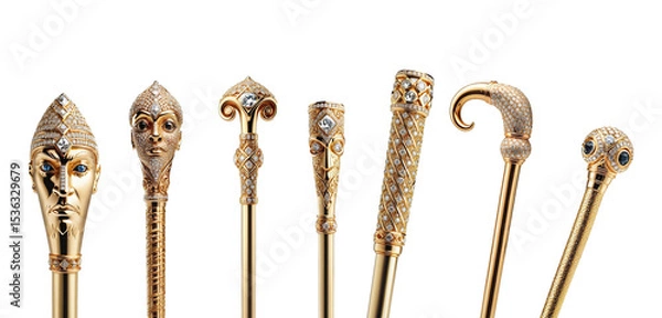 Obraz A variety luxurious golden staff set with diamond-encrusted head on an isolated transparent background.