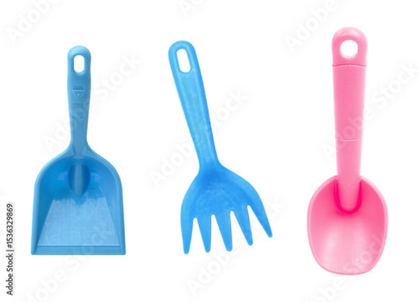 Obraz Blue and pink plastic children's toy shovels and rake set for beach sand scooping on an isolated transparent background.