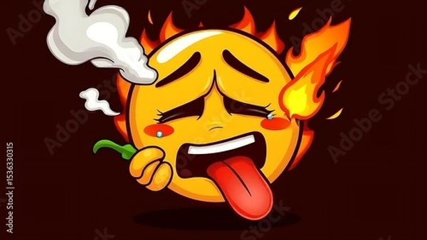 Fototapeta Cartoon Emoji Character with a Fire Burning on its Head and Steam Coming from its Mouth, Holding a Green Chili Pepper and Sticking Out its Tongue in Exaggerated Distress