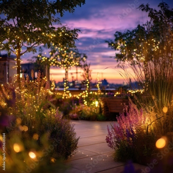 Fototapeta Evening Garden Lights Creating Magical Atmosphere on a Rooftop