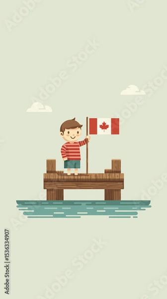Fototapeta Simplistic scene: child at lake dock waving Canada flag
