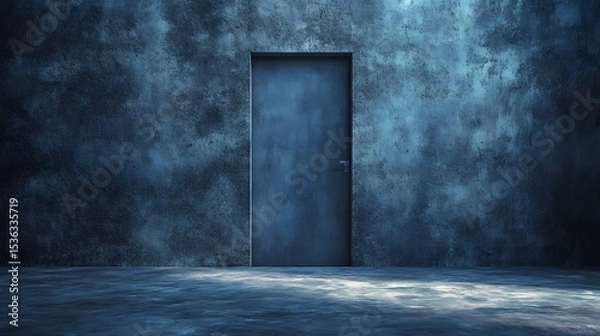 Fototapeta Mysterious Blue Door in Empty Room with Concrete Walls, Abstract
