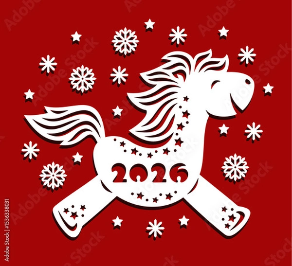 Fototapeta Cute funny horse. Symbol of Chinese New Year 2026. White pony on red background with snowflakes.Template for plotter laser cutting of paper, fretwork, wood carving, metal engraving, cnc. Vector image.