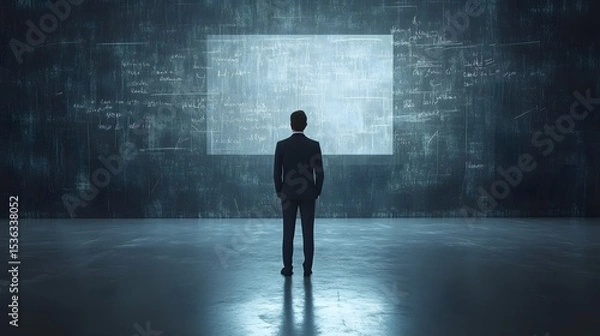 Fototapeta Businessman Facing Wall with Equations - Problem Solving, Strategy, and Innovation Concept