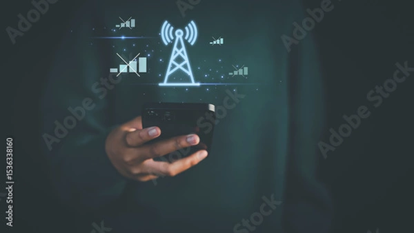Fototapeta The mobile network is not working. Hand holding a smartphone with glowing signal tower and disconnected icons, illustrating network issues, weak signal, or no connection concept.