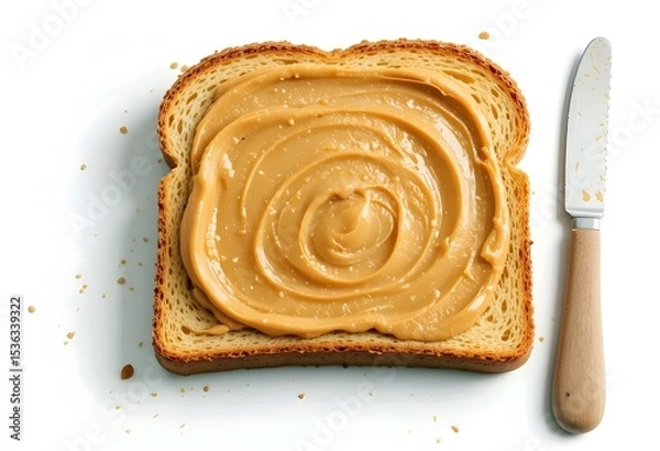 Obraz peanut butter on a slice of toast bread and a knife white background