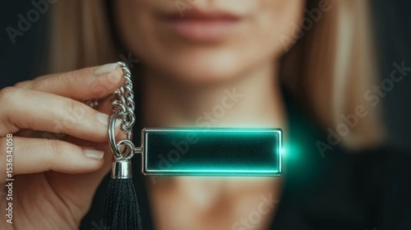 Fototapeta Person holding a sleek keychain with a glowing tag in a stylish atmosphere.