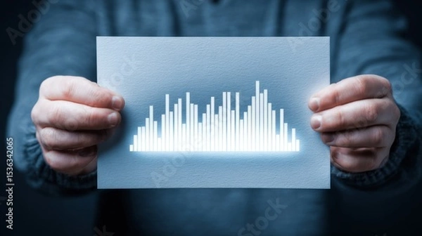 Fototapeta Person holding a transparent sheet displaying a digital sound wave pattern.