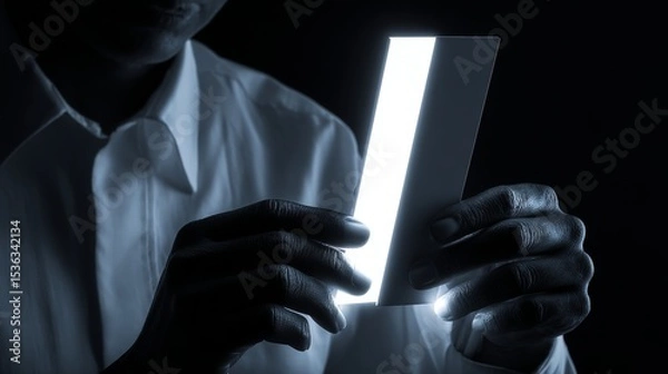 Fototapeta Person holds glowing object with focused expression in dark environment.