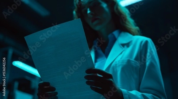 Fototapeta Scientist examines research paper in a dimly lit lab with blue lighting.