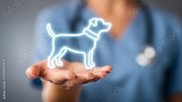 Fototapeta Veterinarian holding a glowing dog silhouette in palm, symbolizing pet care innovation.