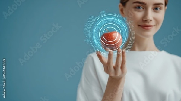 Fototapeta Woman holding a digital red sphere with holographic effects in a modern setting.