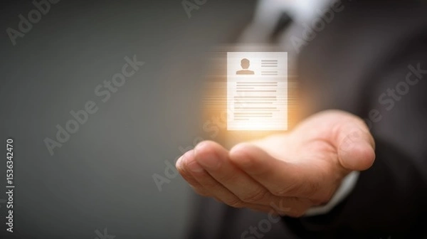 Fototapeta A business professional holding a digital identity card in a modern setting.