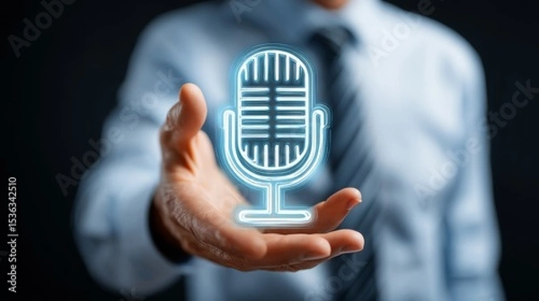 Fototapeta A business professional presenting a microphone for podcasting or broadcasting.