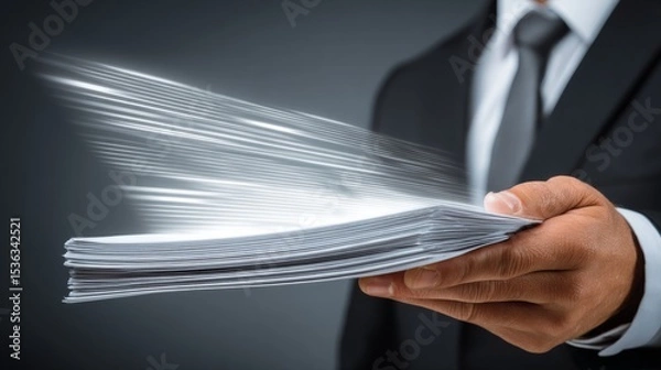 Fototapeta A business professional presenting a stack of documents with a dynamic motion effect.