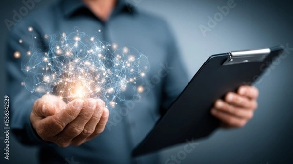 Fototapeta A business professional with a clipboard holding sparkling ideas for innovation.