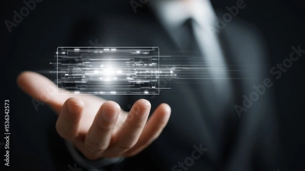 Fototapeta A businessman demonstrates digital innovation with a futuristic holographic display.