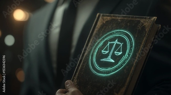 Fototapeta A businessman holding a book with glowing scales symbolizing justice and law.