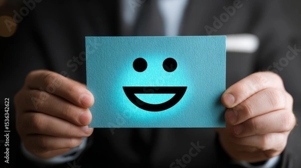 Fototapeta A businessman holding a card with a smiley face, showcasing positivity in life.