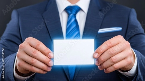Fototapeta A businessman holds a blank card, symbolizing opportunity and networking.