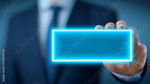 Fototapeta A businessman holding a glowing rectangular frame, symbolizing innovation and ideas.
