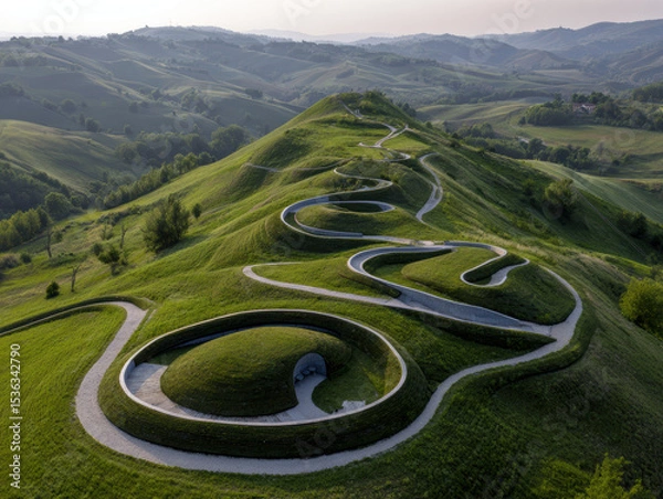 Obraz Aerial view of winding path on lush green hills, showcasing unique landscape design. scene is serene and picturesque