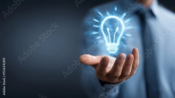Fototapeta A businessman holds a glowing light bulb, symbolizing innovative ideas and creativity.