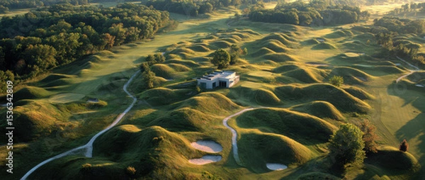 Obraz Aerial view of golf course with rolling hills and sand bunkers, surrounded by lush greenery