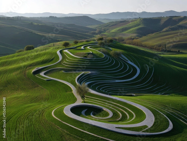 Fototapeta Aerial view of stunning landscape with winding paths and lush green hills, creating serene and artistic scene