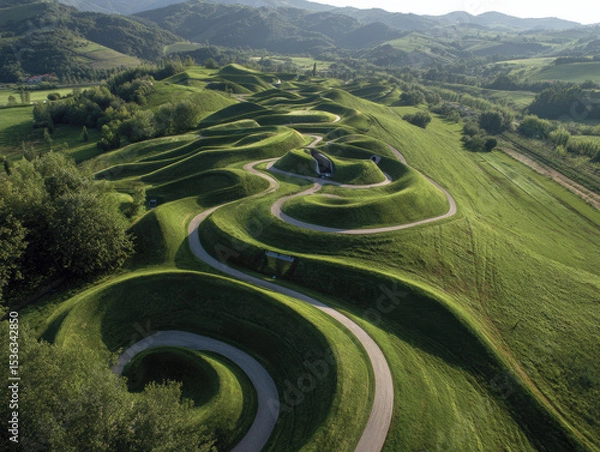 Obraz Aerial view of lush, green landscape featuring winding paths and rolling hills, creating serene and artistic scene