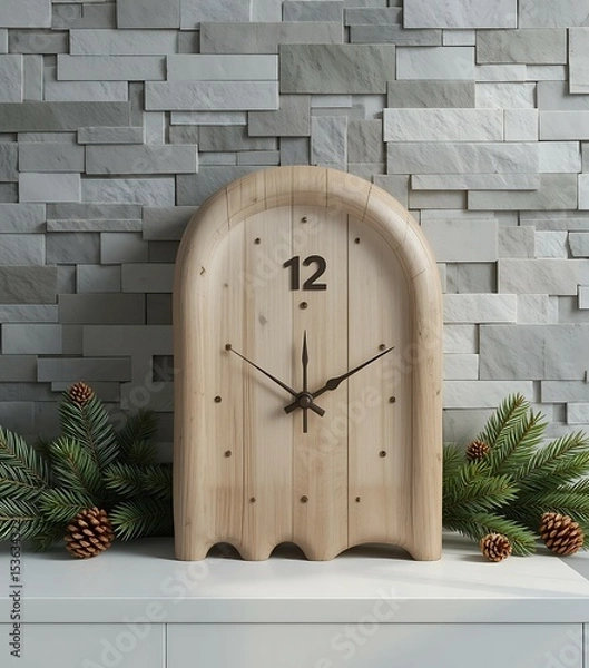 Obraz Beige Round Clock New Years Countdown Centerpiece with Pine Cones.