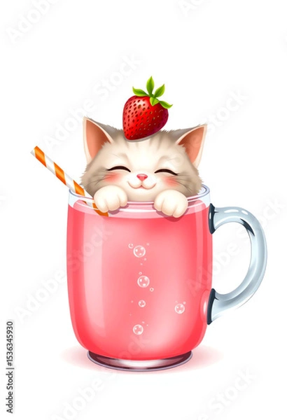 Fototapeta Whimsical Kitten in a Strawberry Sip
