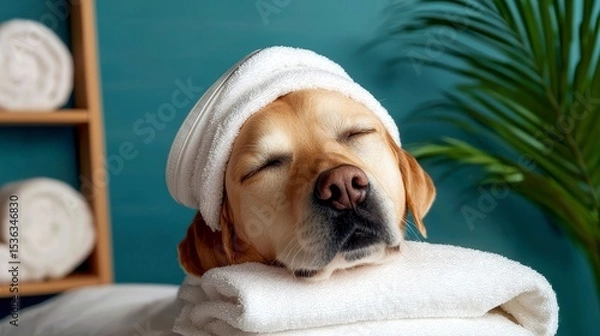 Fototapeta A relaxed wrapped in a spa robe and cap relaxing and enjoys a spa day. concept of services for dogs and pet care. Pampered canine wellness luxurious pet grooming and tranquil spa