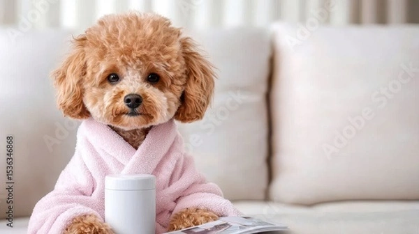 Fototapeta Adorable baby red poodle enjoying spa day in pink robe while reading dog magazine on white sofa in serene setting. Pampered pup relaxes a fluffy friend s tranquil afternoon of grooming