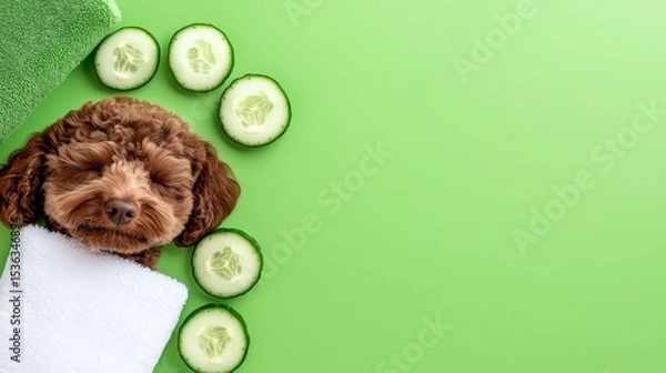 Fototapeta Black and tan dachshund dog in wellness spa with cucumber on eyes covered with a towel. Pampered canine enjoys luxurious treatment a relaxing spa experience for a miniature dachshund