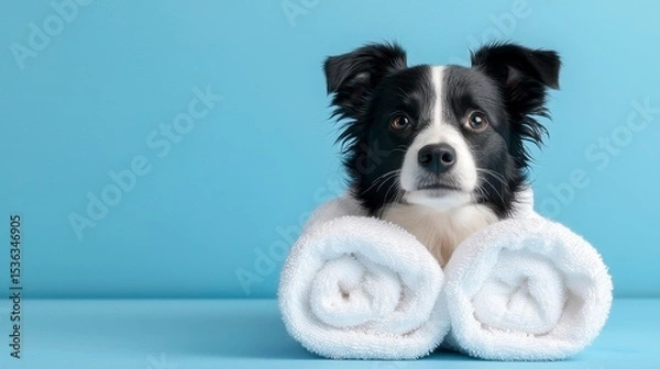 Fototapeta Border collie dog summer. Puppy relaxing spa wrapped with a white towel. Isolated on blue pastel background. Adorable canine enjoying tranquil spa treatment a fluffy friend wrapped in soft