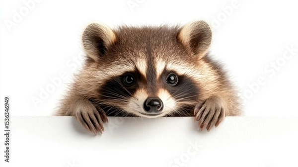Fototapeta Cute funny common raccoon isolated on white. Adorable playful bandit mammal against pure backdrop.