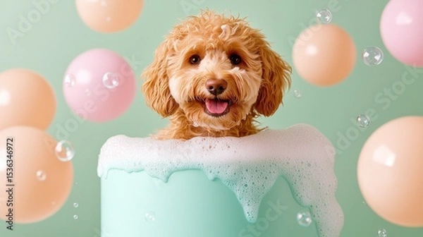 Fototapeta Cute Golden Doodle dog in a small bathtub with soap foam and bubbles cute pastel colors. Adorable puppy enjoys a bubbly bath a fluffy canine luxuriates in a tiny tub pastel hues