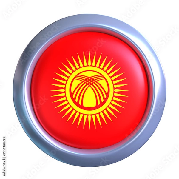 Fototapeta 3D Kyrgyzstan Flag with circle metallic frame, showcasing national emblem detail in a polished, modern design. Perfect for apps, UI, or educational use