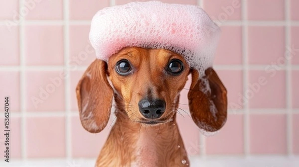 Fototapeta Dachshund dog enjoys a bubble bath at pet spa. A pampered pup luxuriates in a sudsy soak a delightful canine experience at a grooming facility.