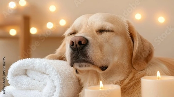 Fototapeta Dog spa concept. Happy dog relaxing. Pampered canine sanctuary a haven of tranquility for your furry friend offering ultimate comfort and rejuvenation through specialized care.