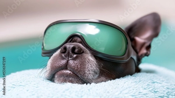 Fototapeta French bulldog enjoying a spa day with a calming beauty mask while resting peacefully on a soft surface. Pampered pooch blissfully unwinds during a luxurious wellness treatment a tranquil