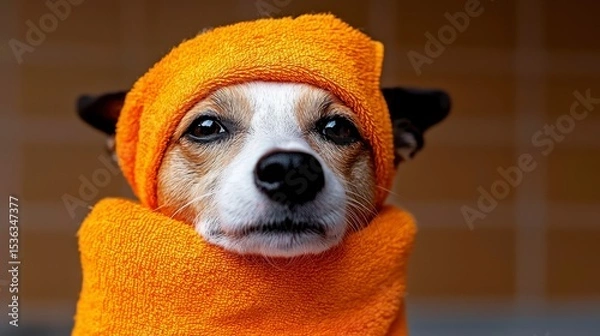 Fototapeta Happy dog wrapped in a spa towel headband on. A fluffy canine friend luxuriates in a soft absorbent textile head covering after a refreshing bath enjoying a moment of pampered relaxation.