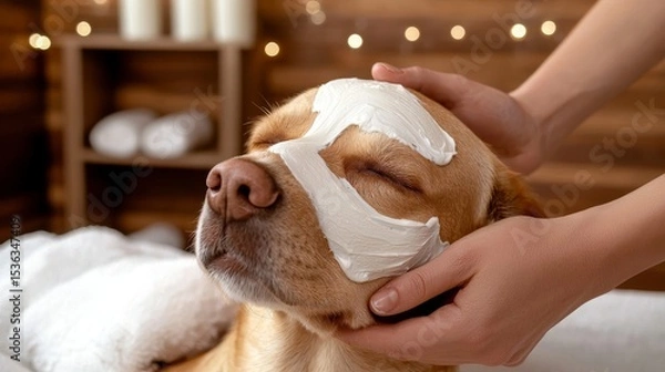 Fototapeta Little dog at spa. Pampered pup enjoys luxurious canine grooming treatment.