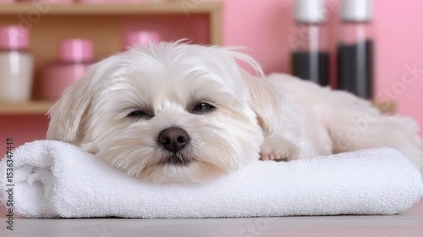 Fototapeta Little maltese dog at spa. Pampered canine enjoys luxurious grooming treatment at a pet wellness center.