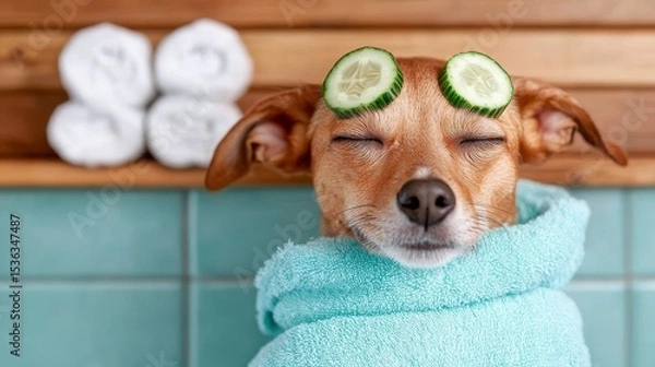 Fototapeta Pampered dog enjoying a luxurious day spa experience with bubbles and cucumbers over its eyes. Canine wellness retreat a delightful spa journey featuring effervescent treatments and cool