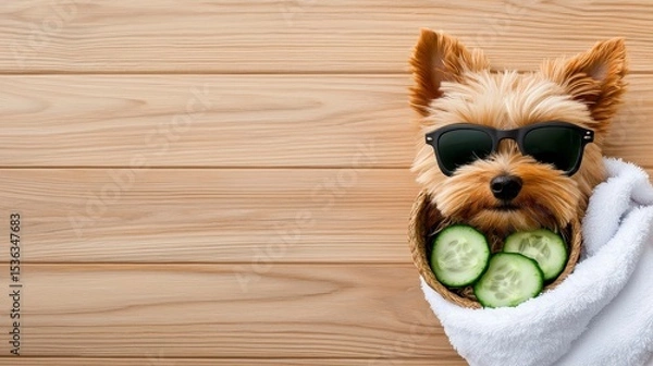 Fototapeta Yorke terrier dog relaxing with cucumber slices in a spa. Funny grooming wallpaper with copy space. Advertisement for sales and promotions. Pampered pooch enjoys refreshing cucumber